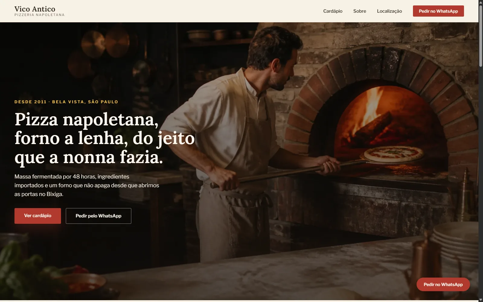 Página inicial da demonstração Pizzaria Vico Antico